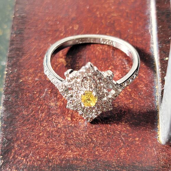 Ornate Rhodium-Plated Size 9 Ring with Yellow Gemstone and Intricate Detailing - Picture 7 of 15